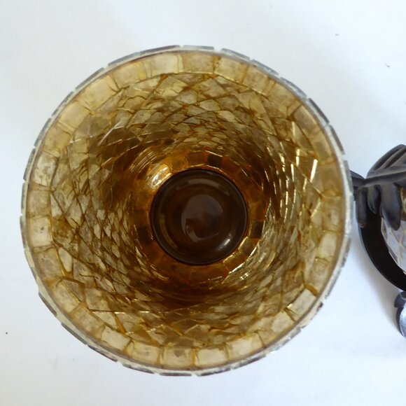 NEW 7.25” STAINED GLASS MOSAIC ART GLASS CAST IRON LEAF STANDS CANDLE HOLDER SET - Picture 5 of 13